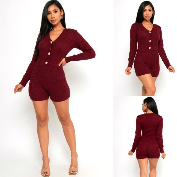 NWT Sweaterland thick Cable KNIT V-NECK LONG SLEEVE sweater ROMPER S,M,L, Wine - Picture 1 of 5